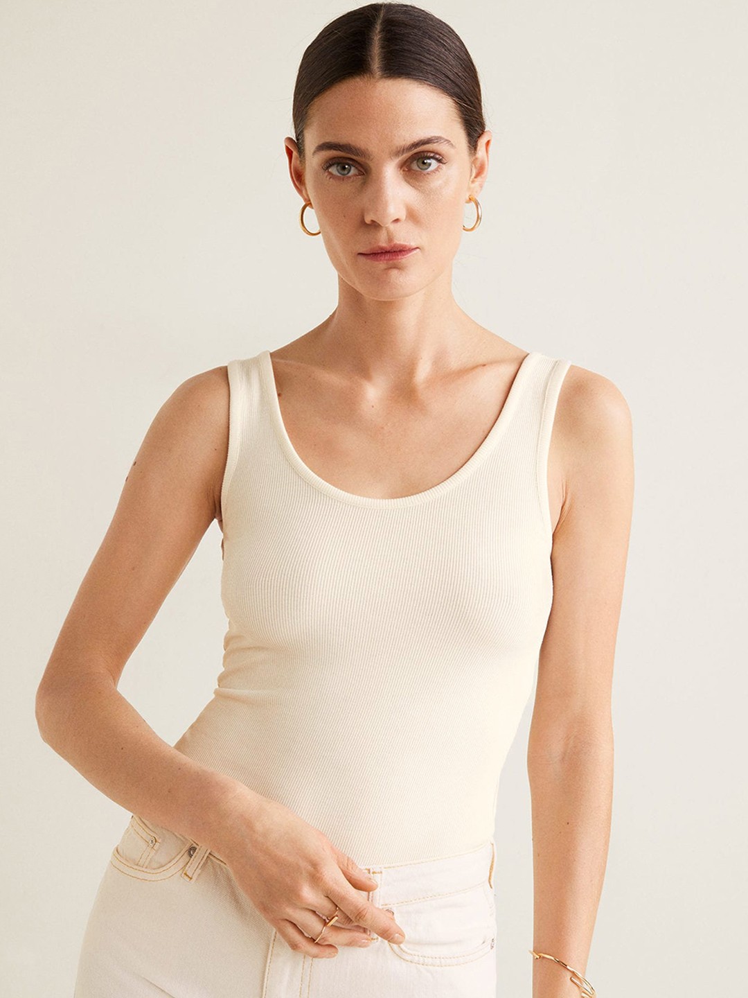

MANGO Women Cream-Coloured Solid Top
