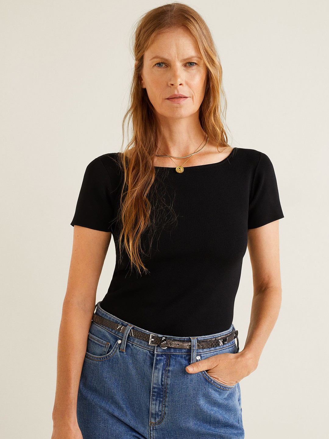 

MANGO Women Black Solid Fitted Top
