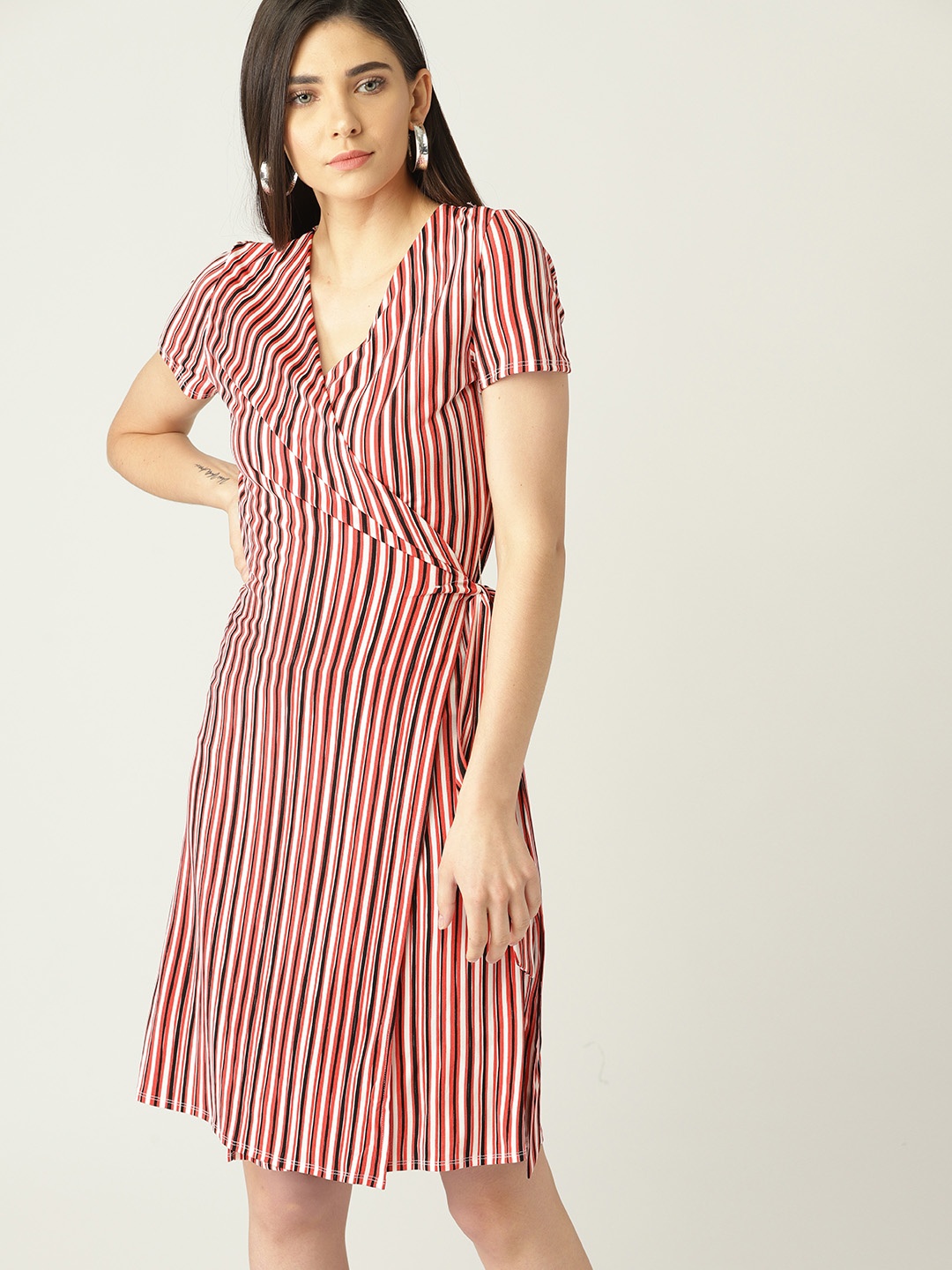 

MANGO Women White & Red Striped Wrap Dress