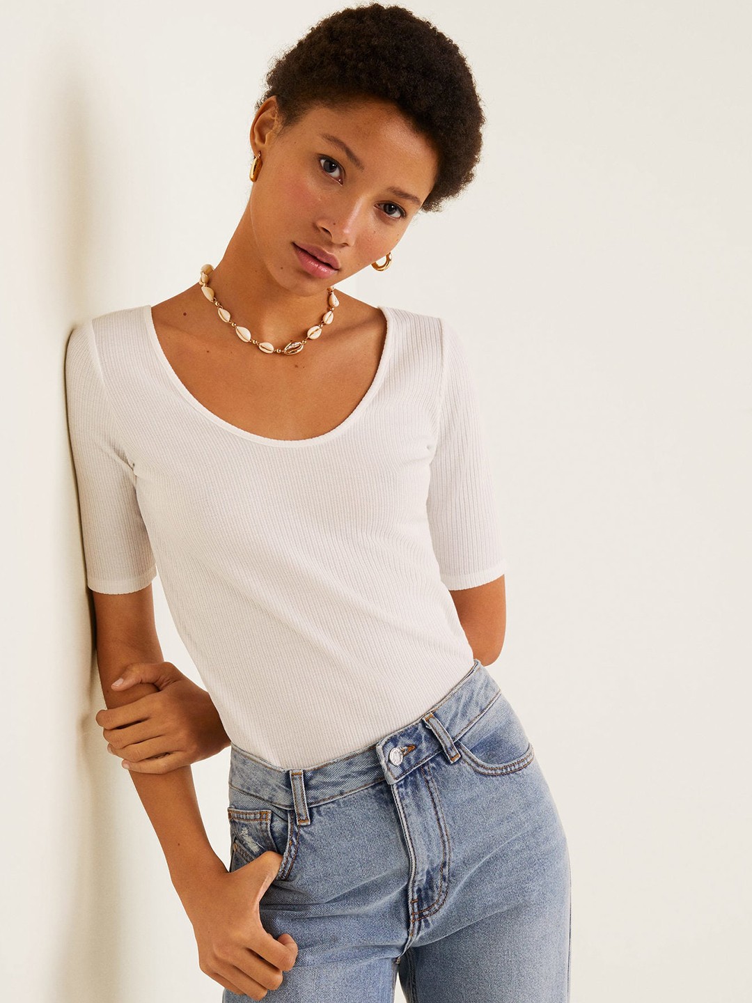 

MANGO Women White Self-Striped Fitted Top