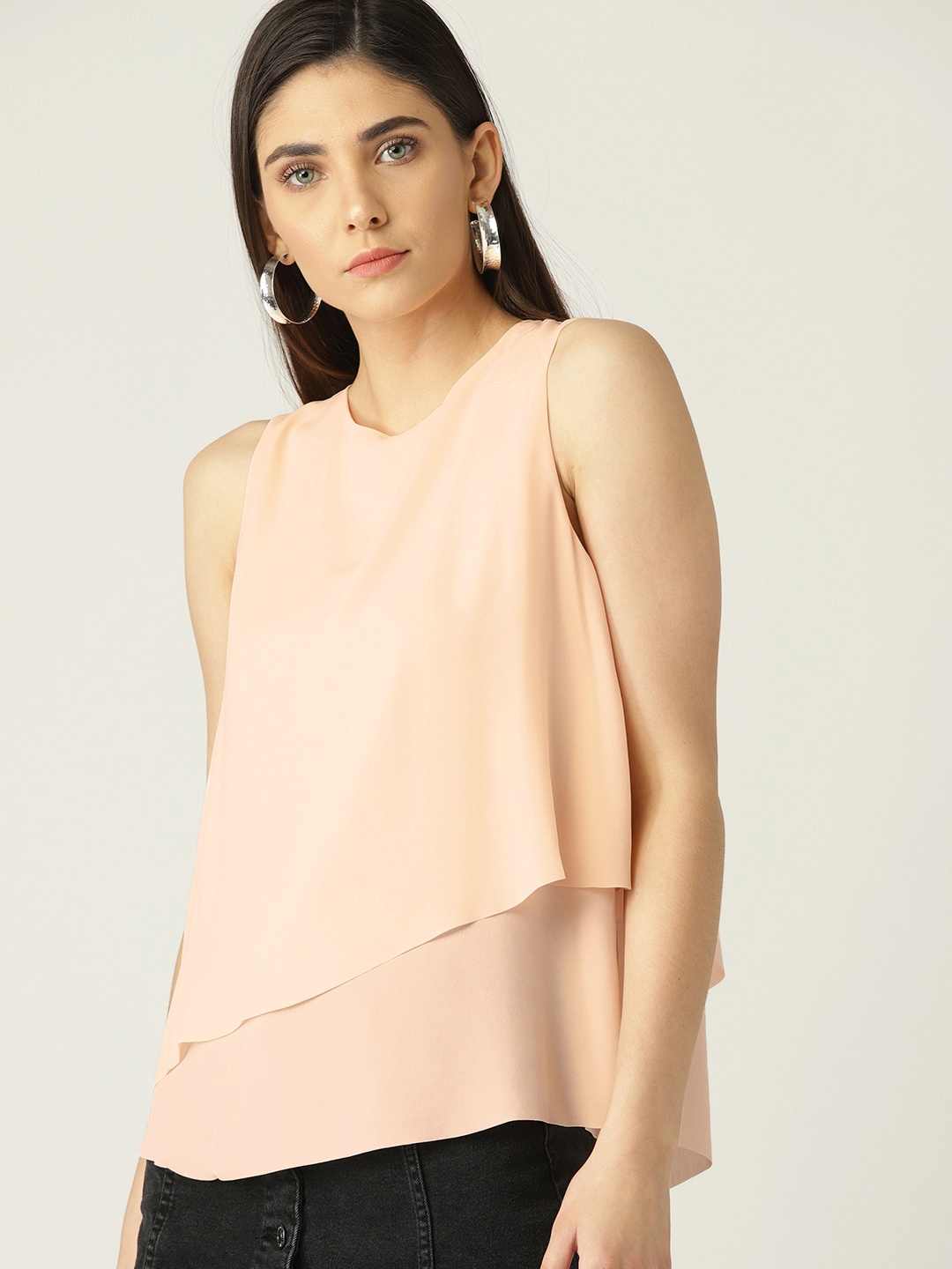 

MANGO Women Peach-Coloured Solid Layered Styled Back Top