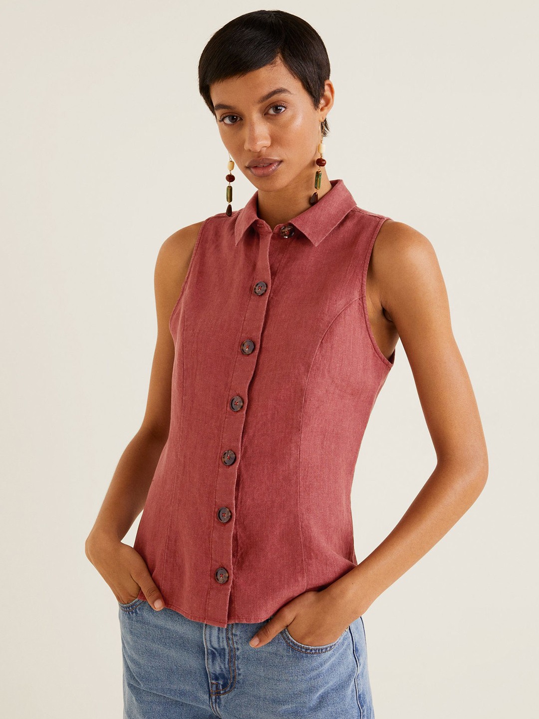 

MANGO Women Rust Red Linen Sleeveless Casual Shirt