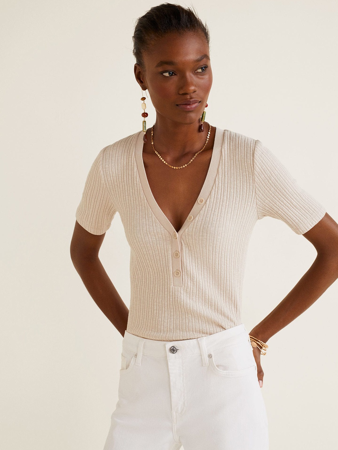 

MANGO Women Beige Self-Striped Fitted Top