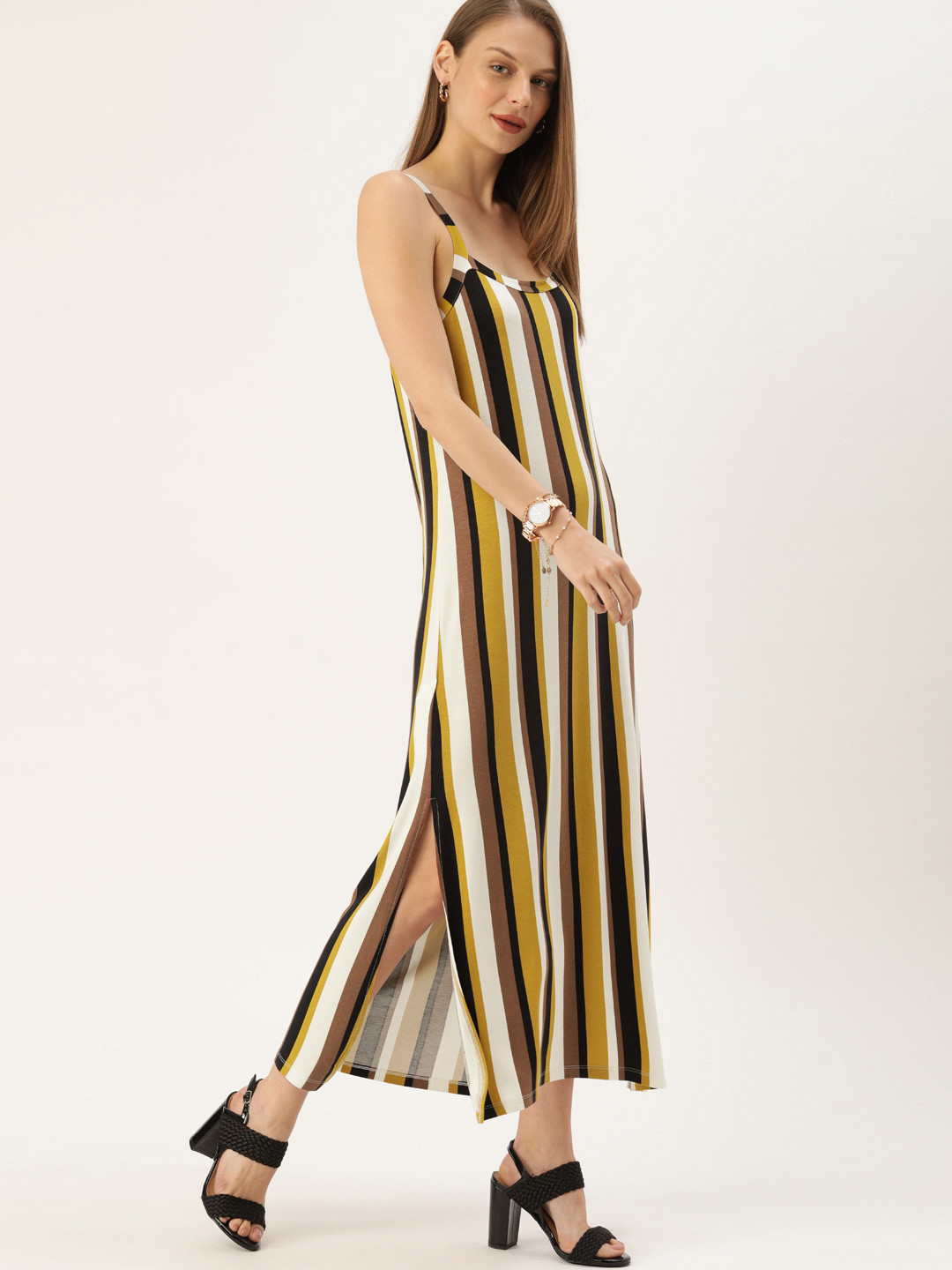 

MANGO Women Mustard Yellow & Black Striped Maxi Knitted Dress
