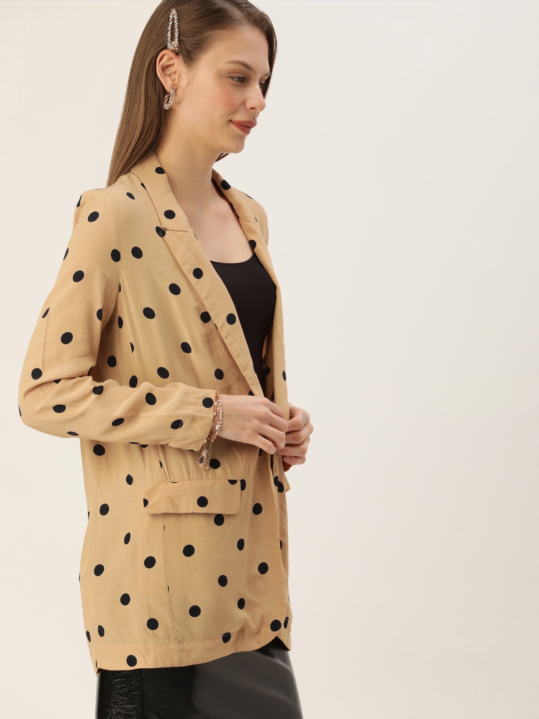 

MANGO Women Khaki & Black Printed Single-Brested Longline Blazer