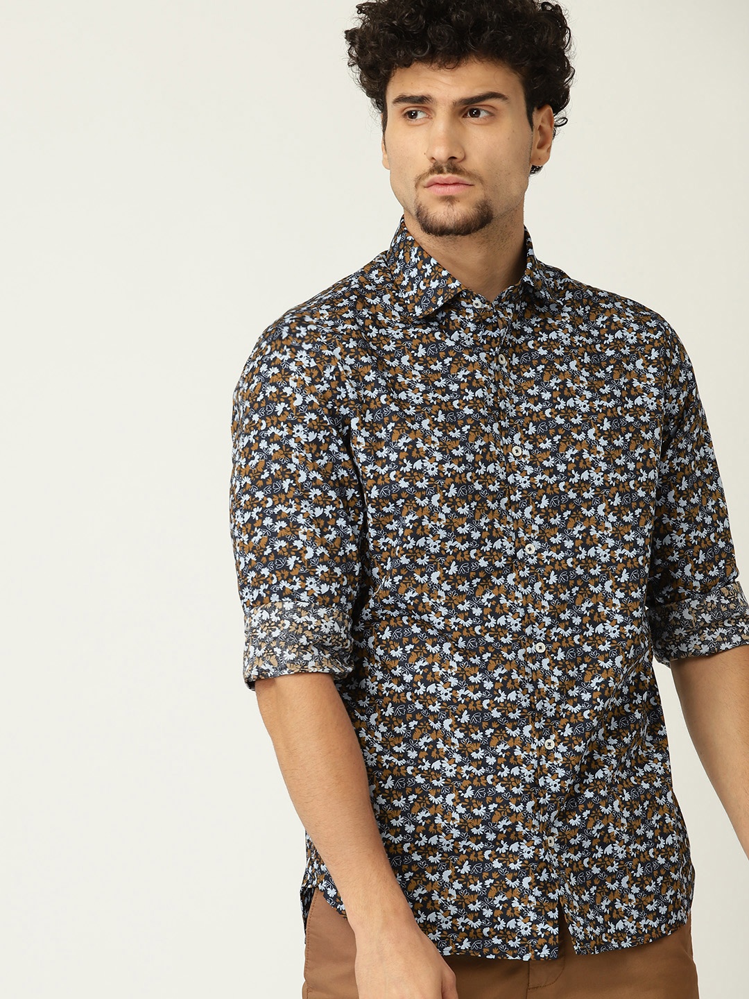 

MANGO MAN Blue & Brown Slim Fit Printed Casual Shirt