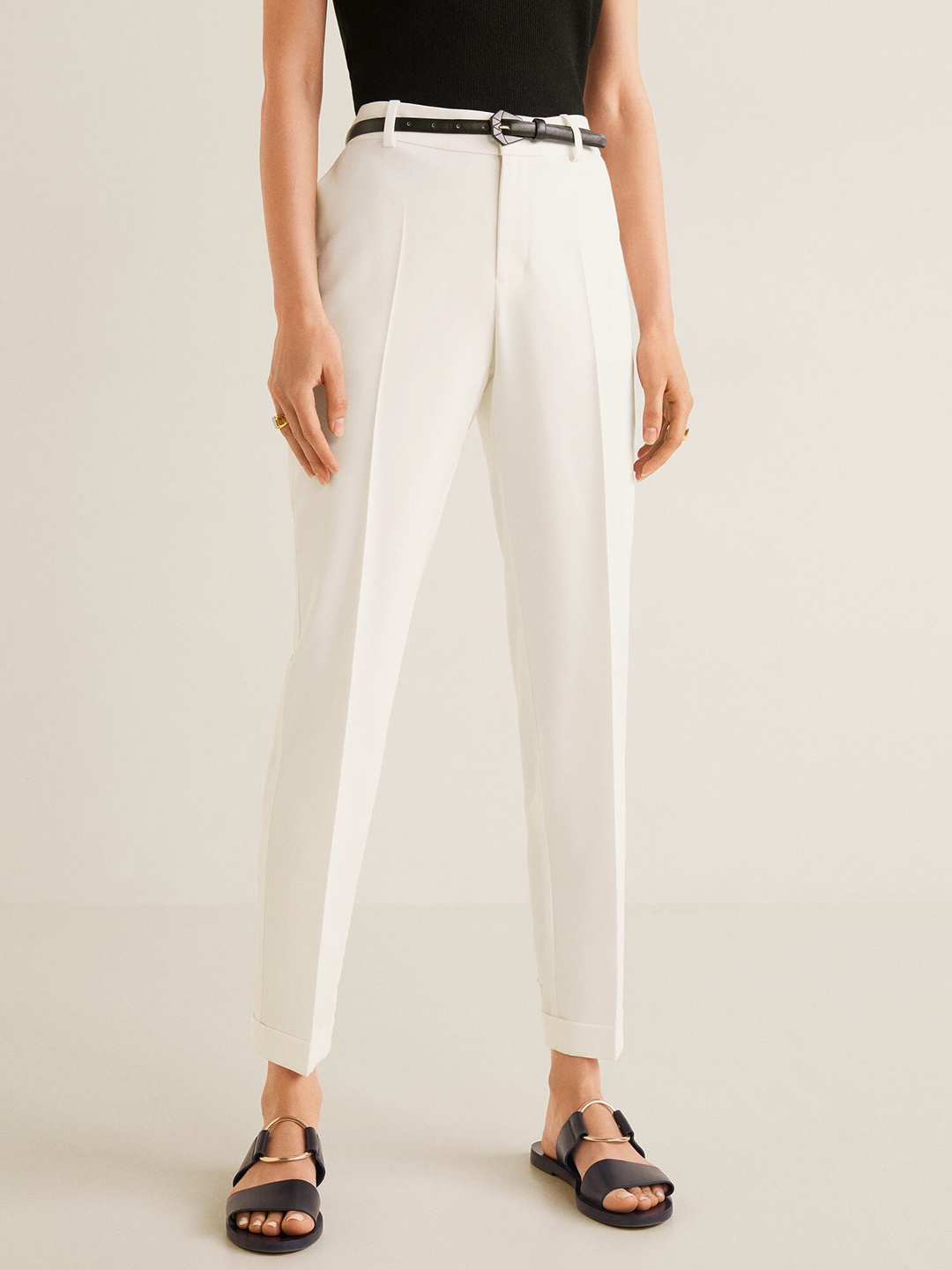 

MANGO Women White Regular Fit Solid Formal Trousers With Belt