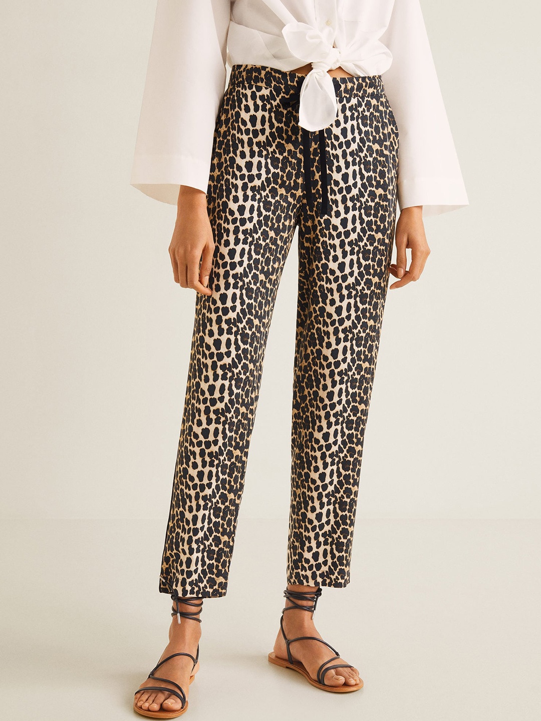 

MANGO Women Beige & Black Animal Print Regular Trousers