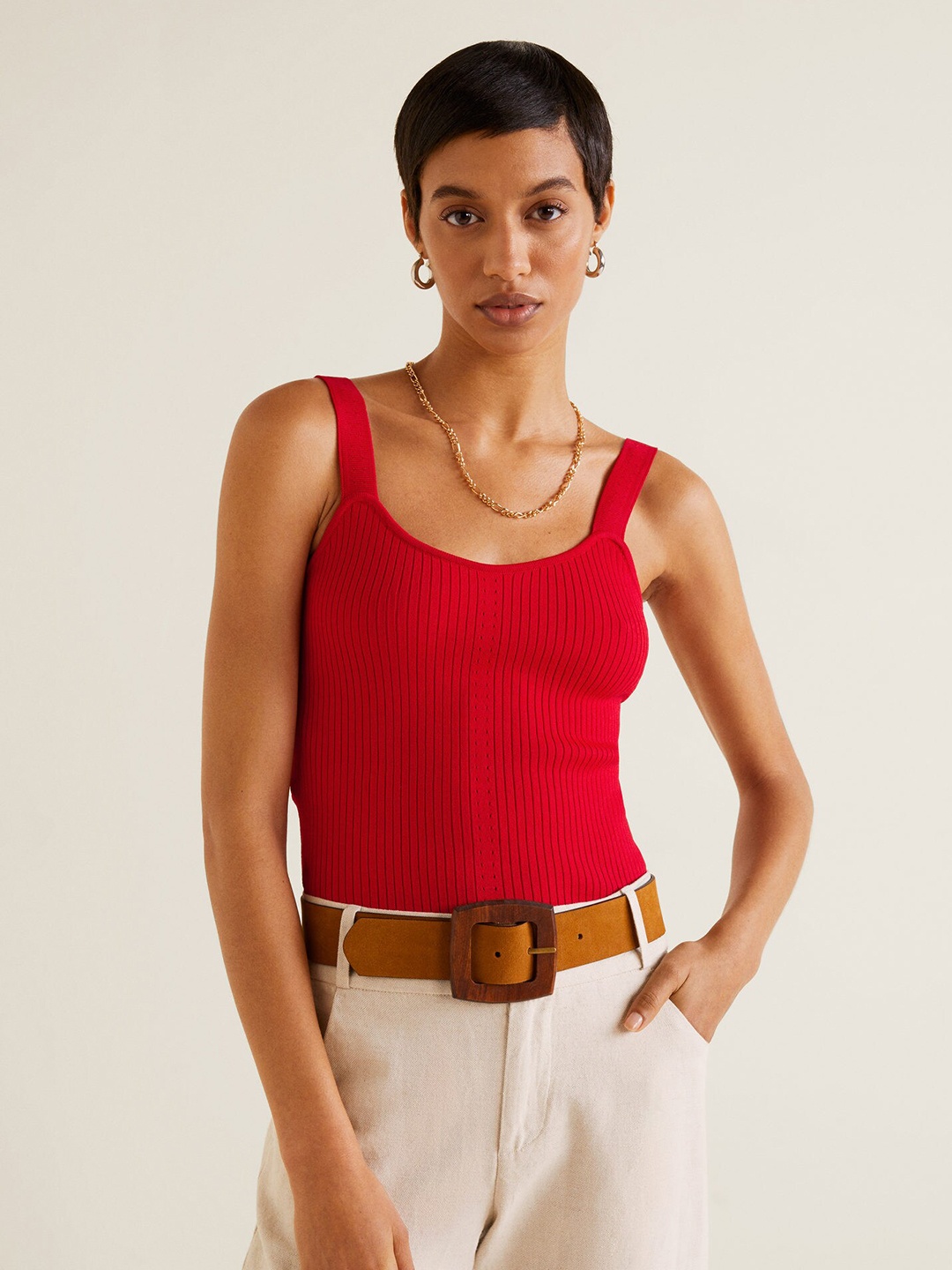 

MANGO Women Red Self-Striped Fitted Crop Top