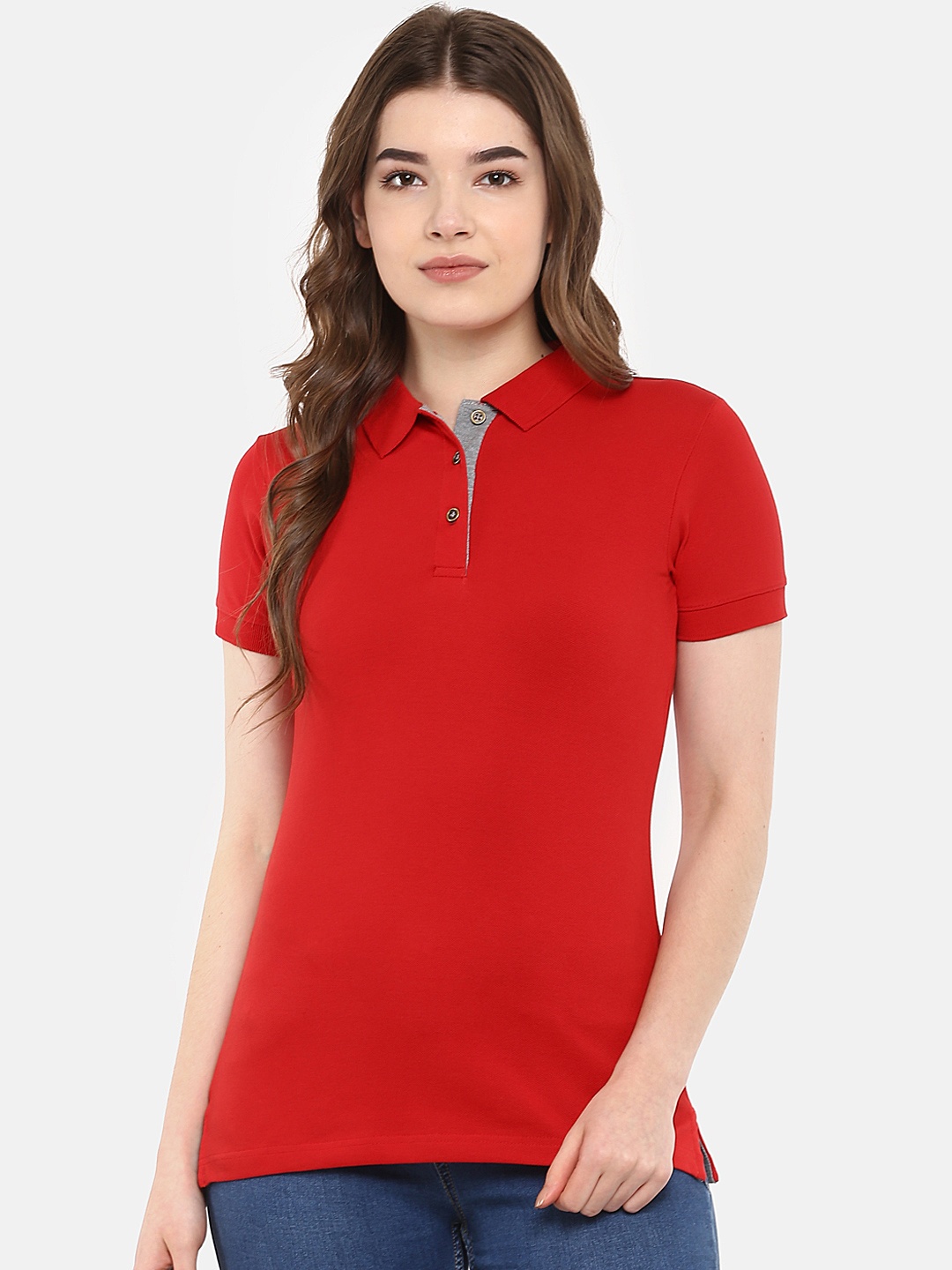 

Cayman Women Red Solid Polo Collar T-shirt