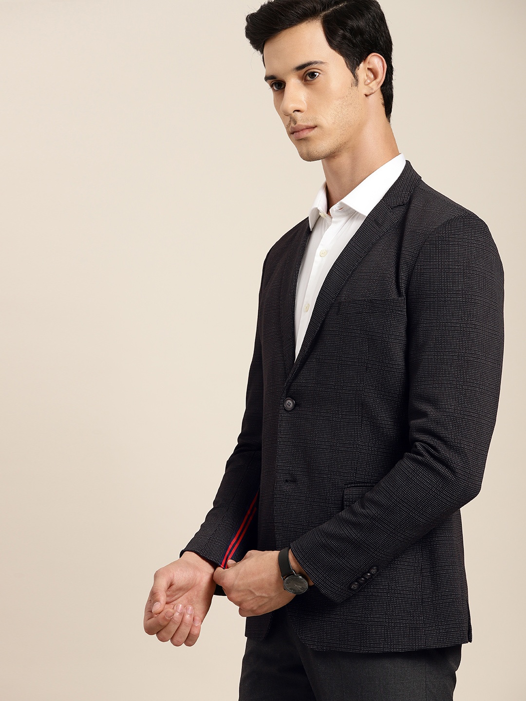 

INVICTUS Men Navy Blue Printed Slim Fit Single-Breasted Formal Blazer
