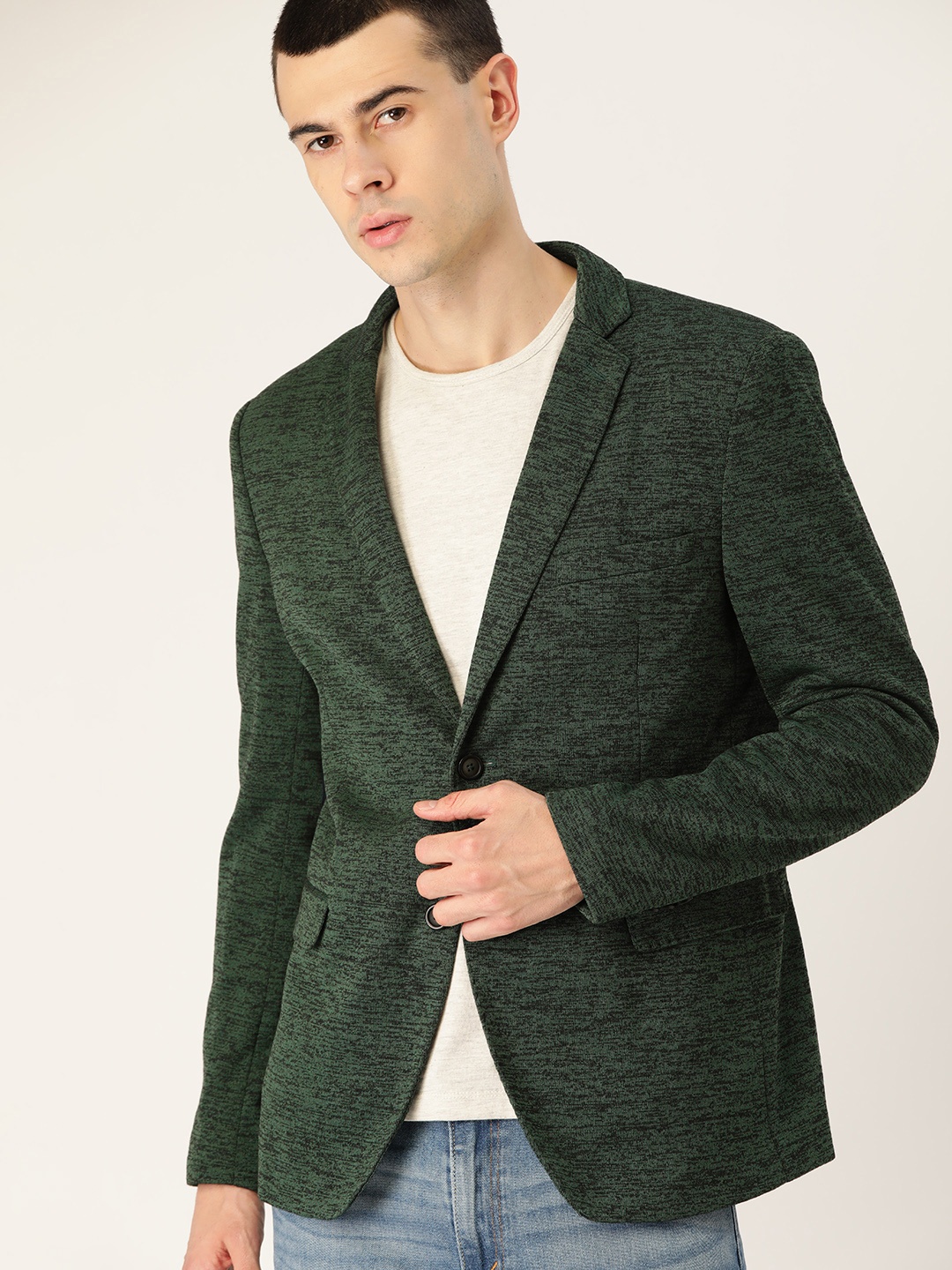 

INVICTUS Men Green & Black Self-Design Slim Fit Single-Breasted Blazer