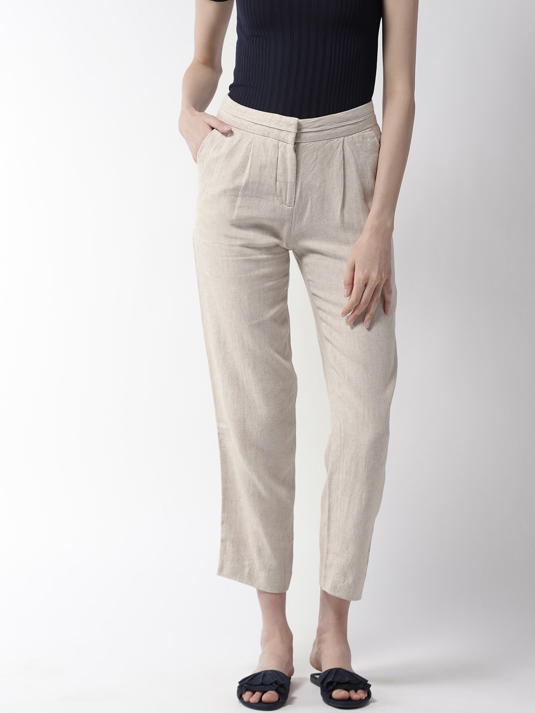 

Marks & Spencer Women Beige Tapered Fit Solid Cropped Trousers
