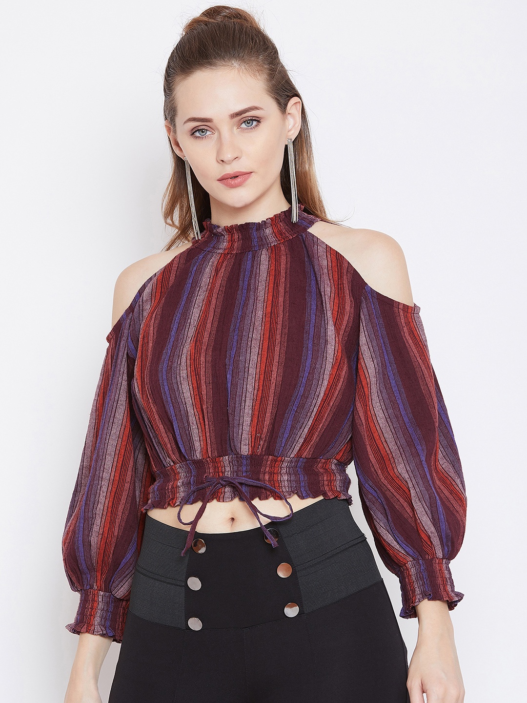 

Zastraa Women Maroon Striped Blouson Crop Pure Cotton Top