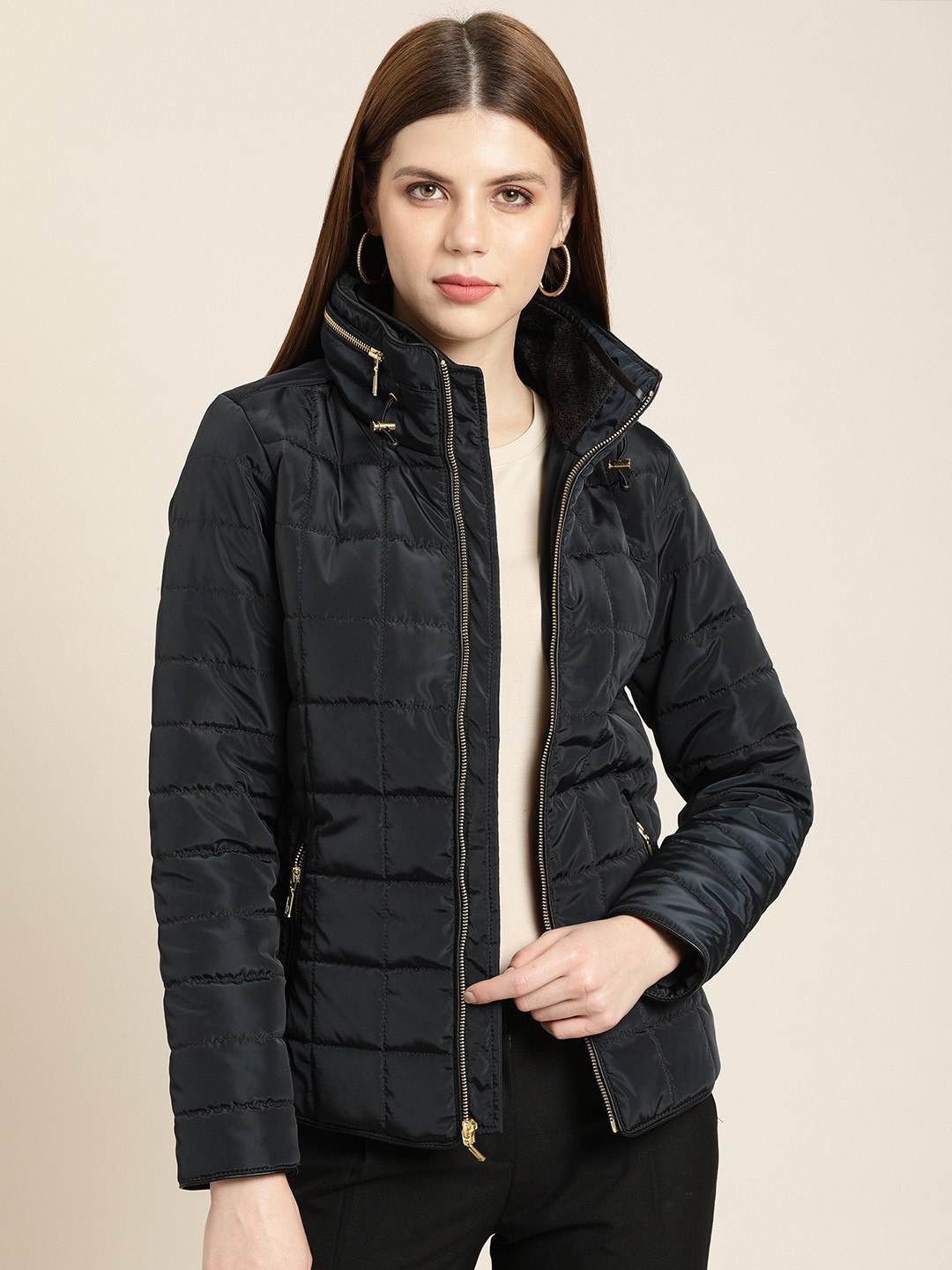 

all about you Women Navy Blue Solid Padded Jacket Jacket