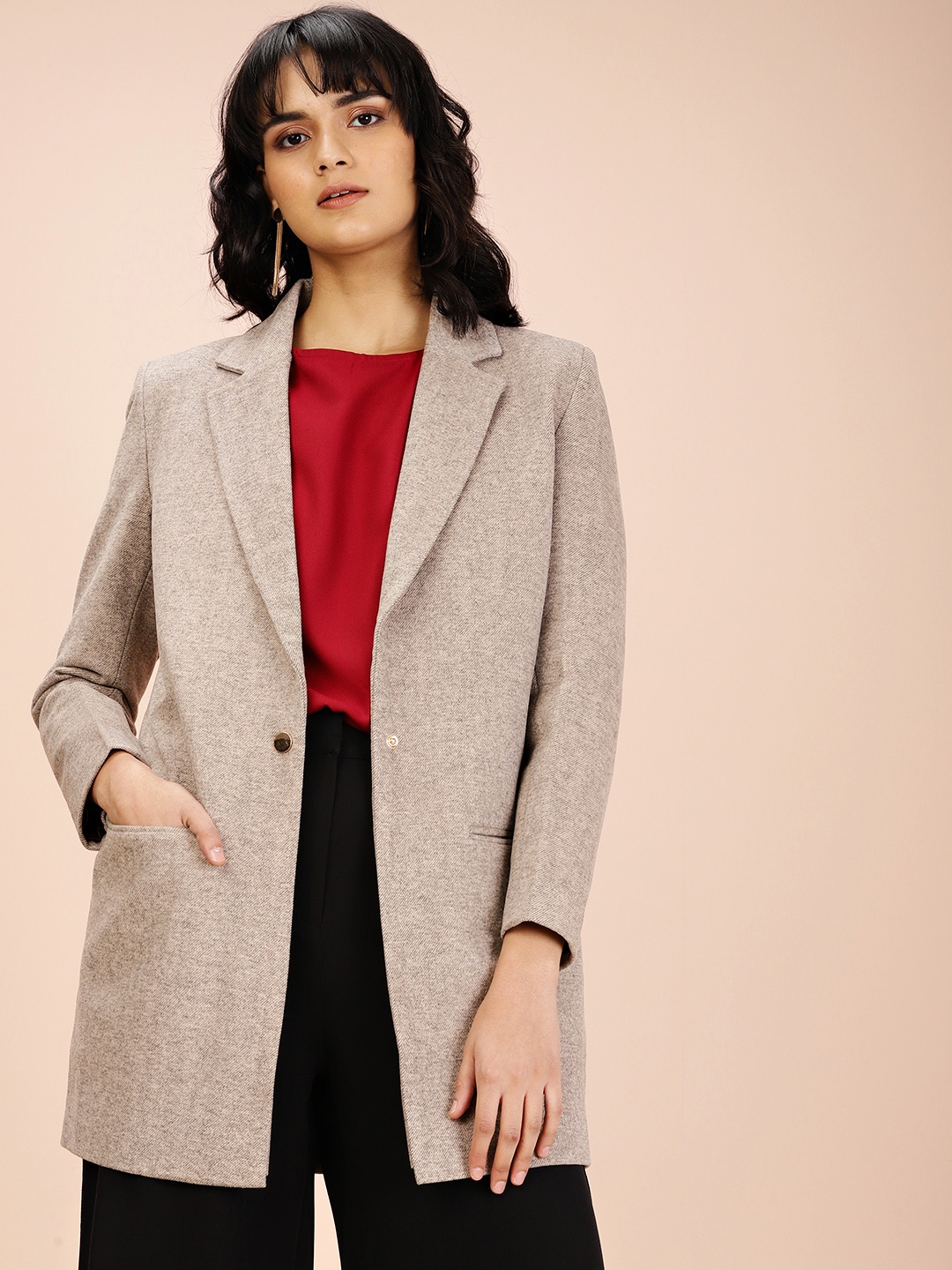

all about you Women Beige Self-Striped Single-Breasted Longline Twill Coat