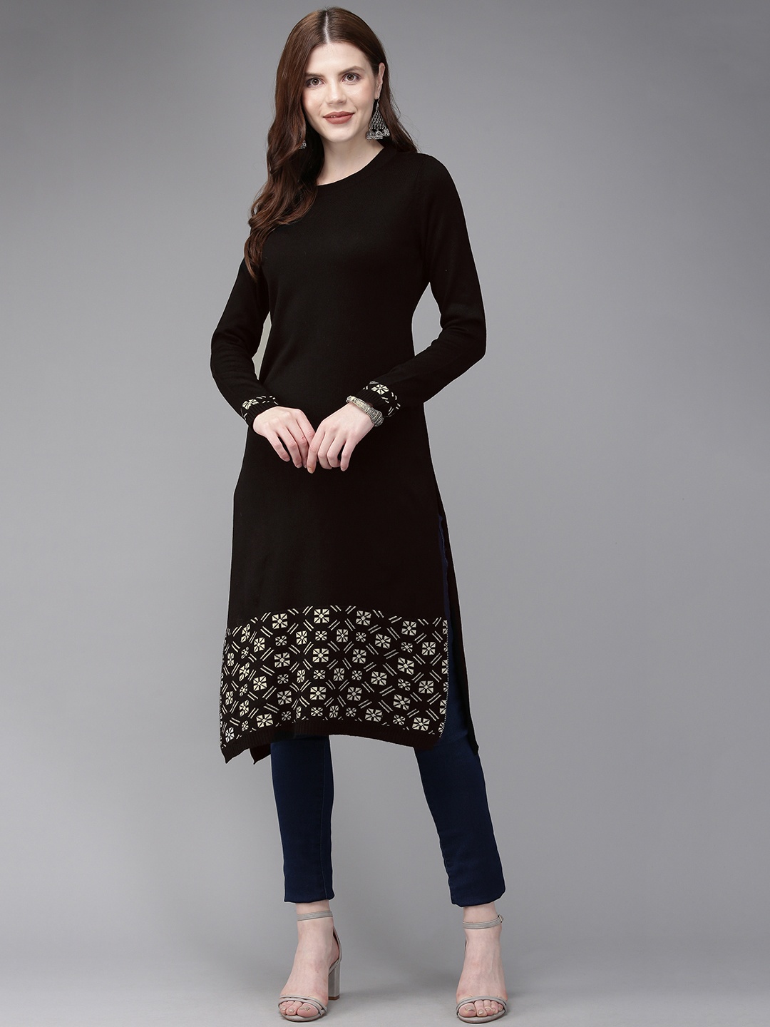

Anouk Women Black & Off-White Woven Design Straight Sweater Kurta