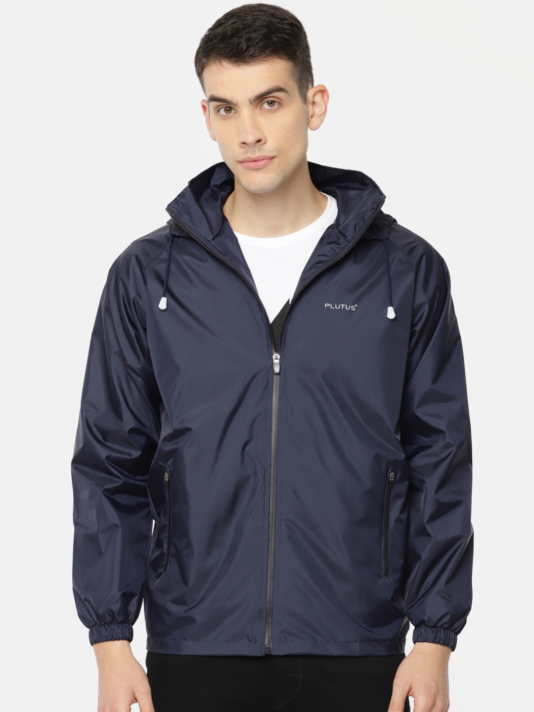 

Plutus Men Navy Blue Lightweight Hooded Windcheater Jacket