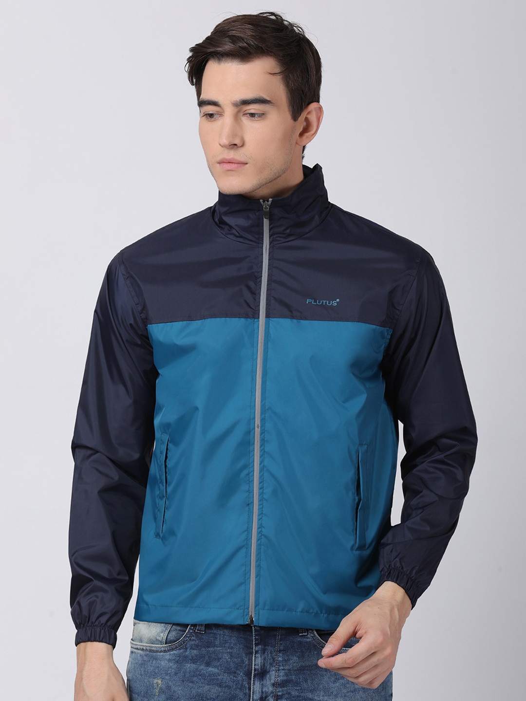 

Plutus Men Blue Colourblocked Hooded Windcheater Jacket