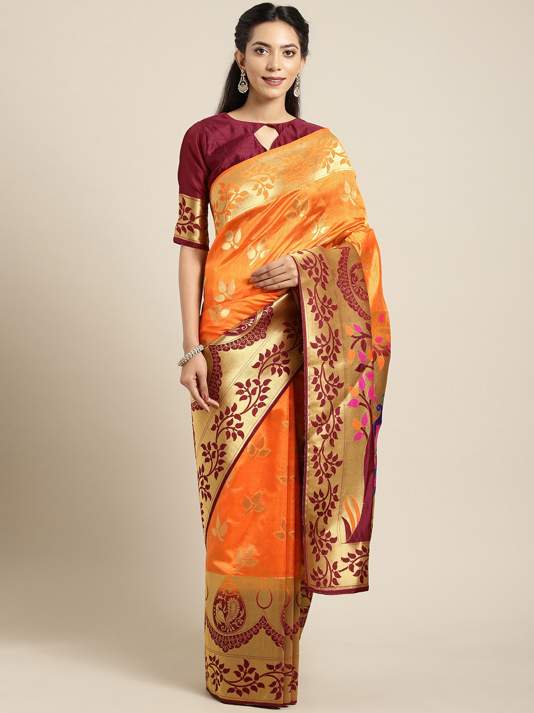 

Aarrah Orange Woven Design Marathi Paithani Pure Silk Saree