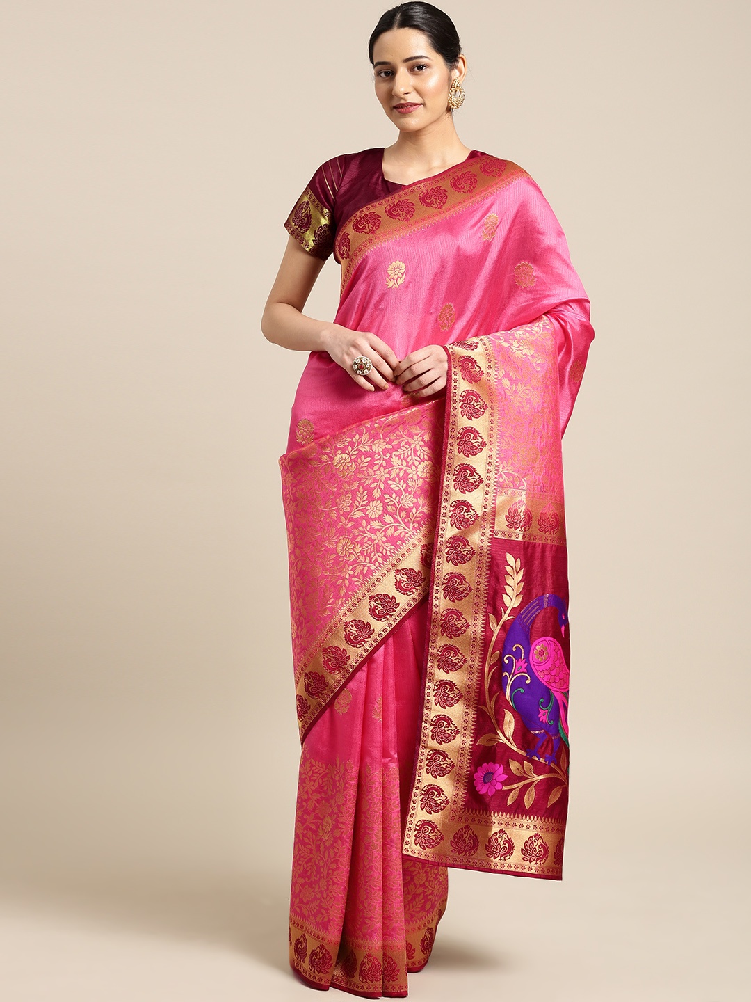 

Aarrah Women Pink Woven Design Pure Silk Saree