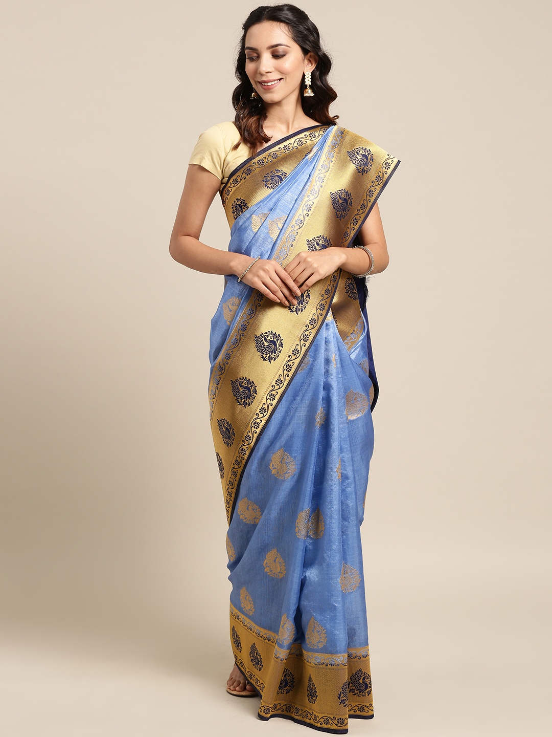 

Aarrah Blue & Gold-Coloured Pure Silk Woven Design Saree