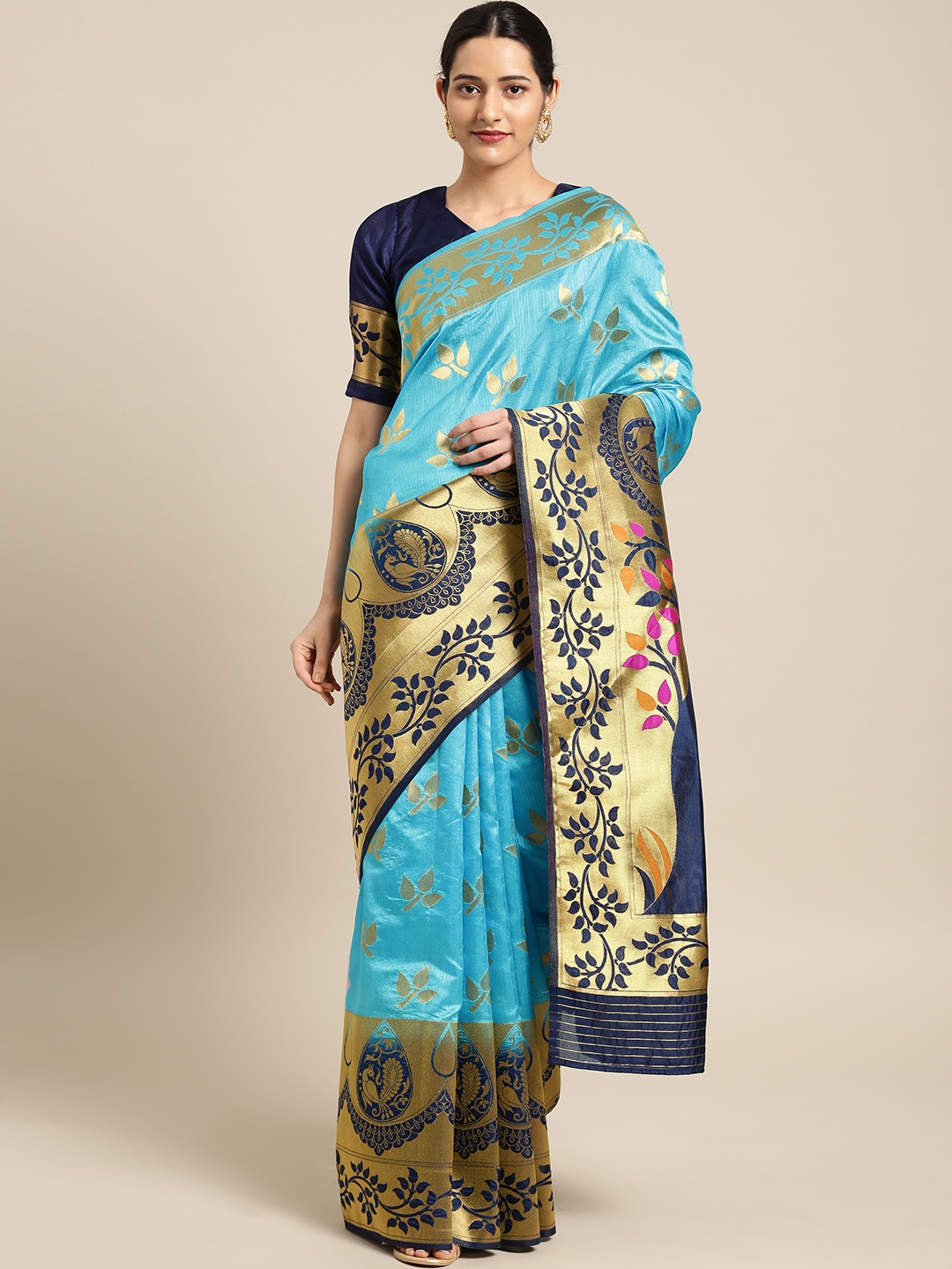 

Aarrah Turquoise Blue Woven Design Marathi Paithani Pure Silk Saree