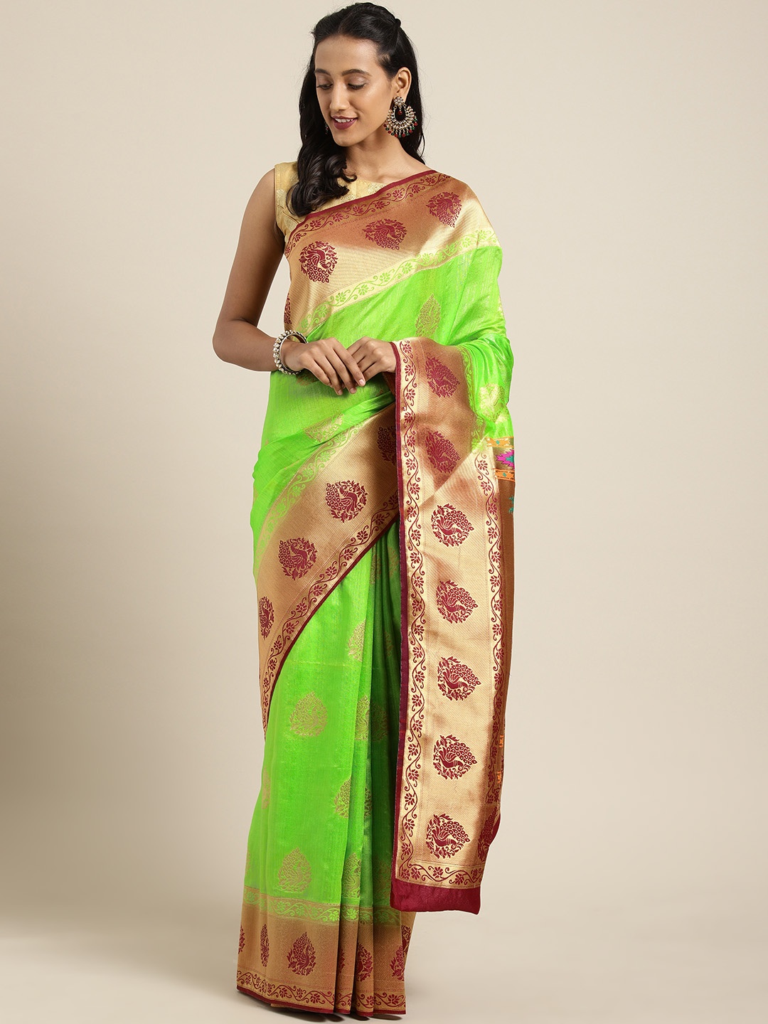 

Aarrah Green Woven Design Marathi Paithani Pure Silk Saree