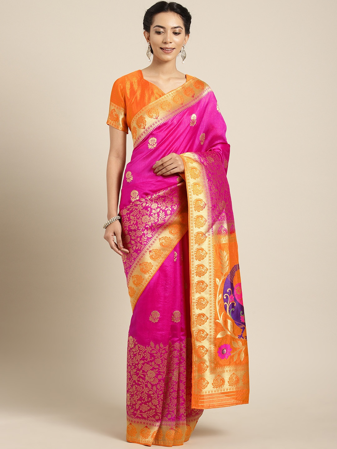 

Aarrah Pink & Orange Woven Design Pure Marathi Paithani Silk Saree