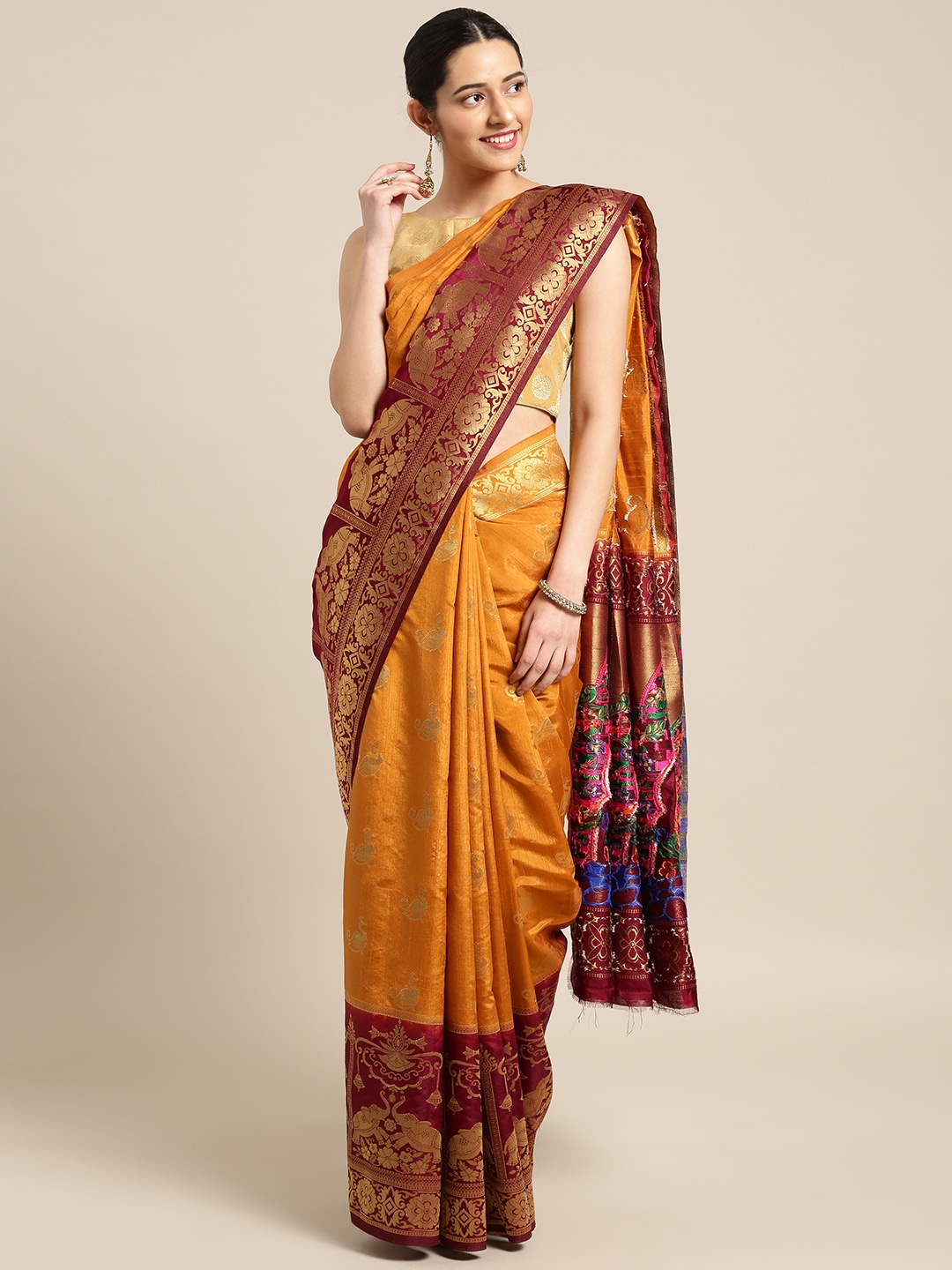 

Aarrah Brown & Gold-Coloured Pure Silk Woven Design Saree