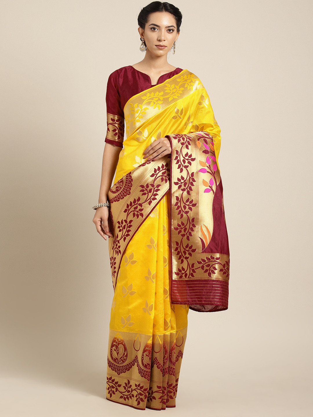 

Aarrah Mustard Yellow & Maroon Woven Design Pure Marathi Paithani Silk Saree