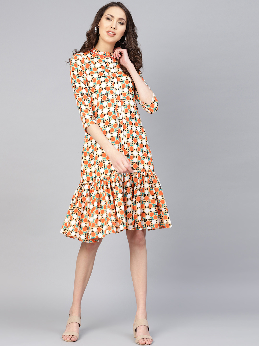 

Yufta Women Orange & White Printed Drop Waist Dress