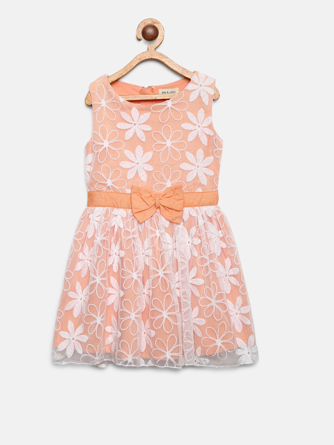 

Gini and Jony Girls White & Peach-Coloured Embroidered Fit and Flare Dress