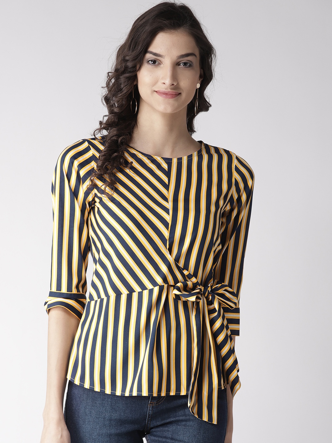 

Style Quotient Women Yellow & Navy Blue Striped A-Line Top