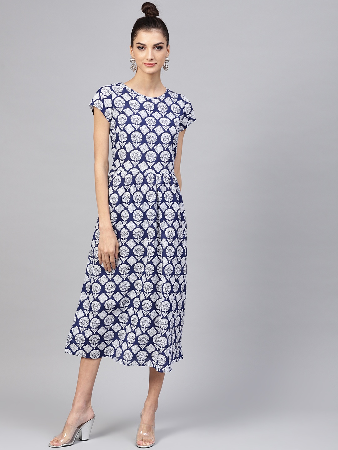 

Popnetic Women Navy Blue & White Printed A-Line Dress