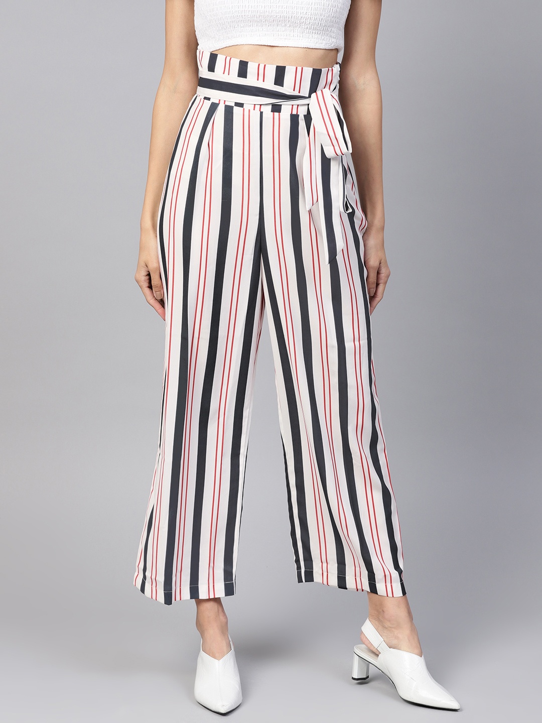 

Popnetic Women White & Black Loose Fit Striped Regular Trousers