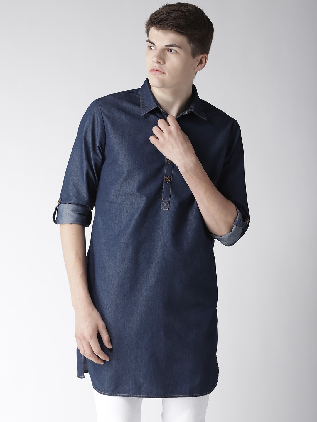 

Style Quotient Men Navy Blue Solid Denim Straight Kurta