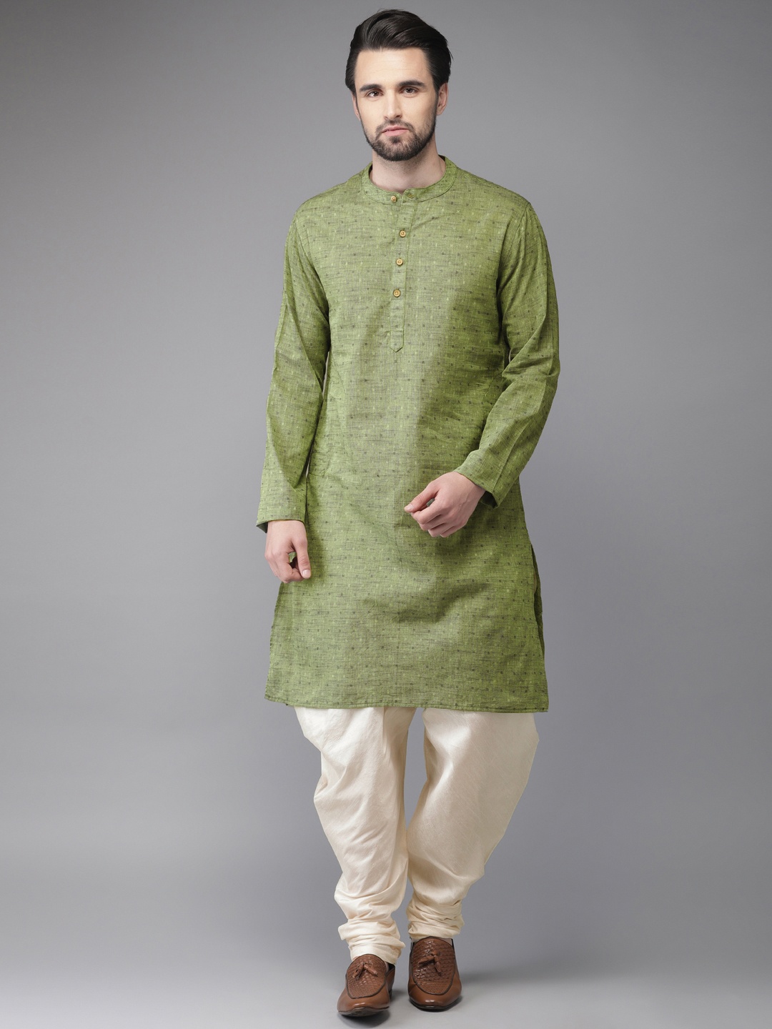 

Anouk Men Green & Cream-Coloured Self-Design Kurta with Churidar