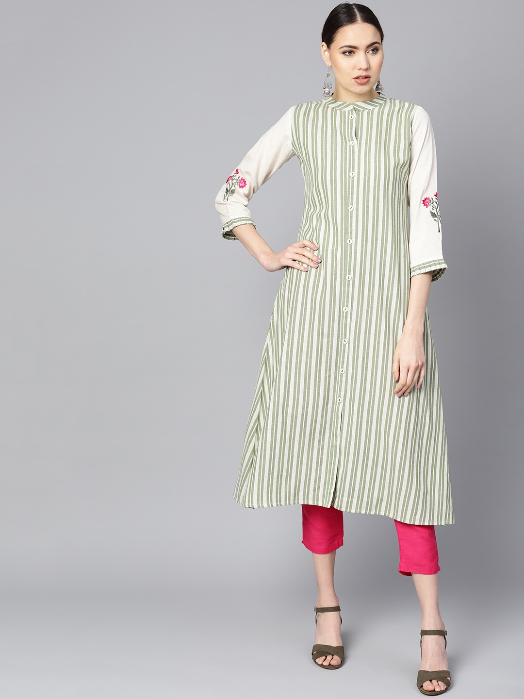 

Indo Era Women Green & Off-White Striped A-Line Kurta