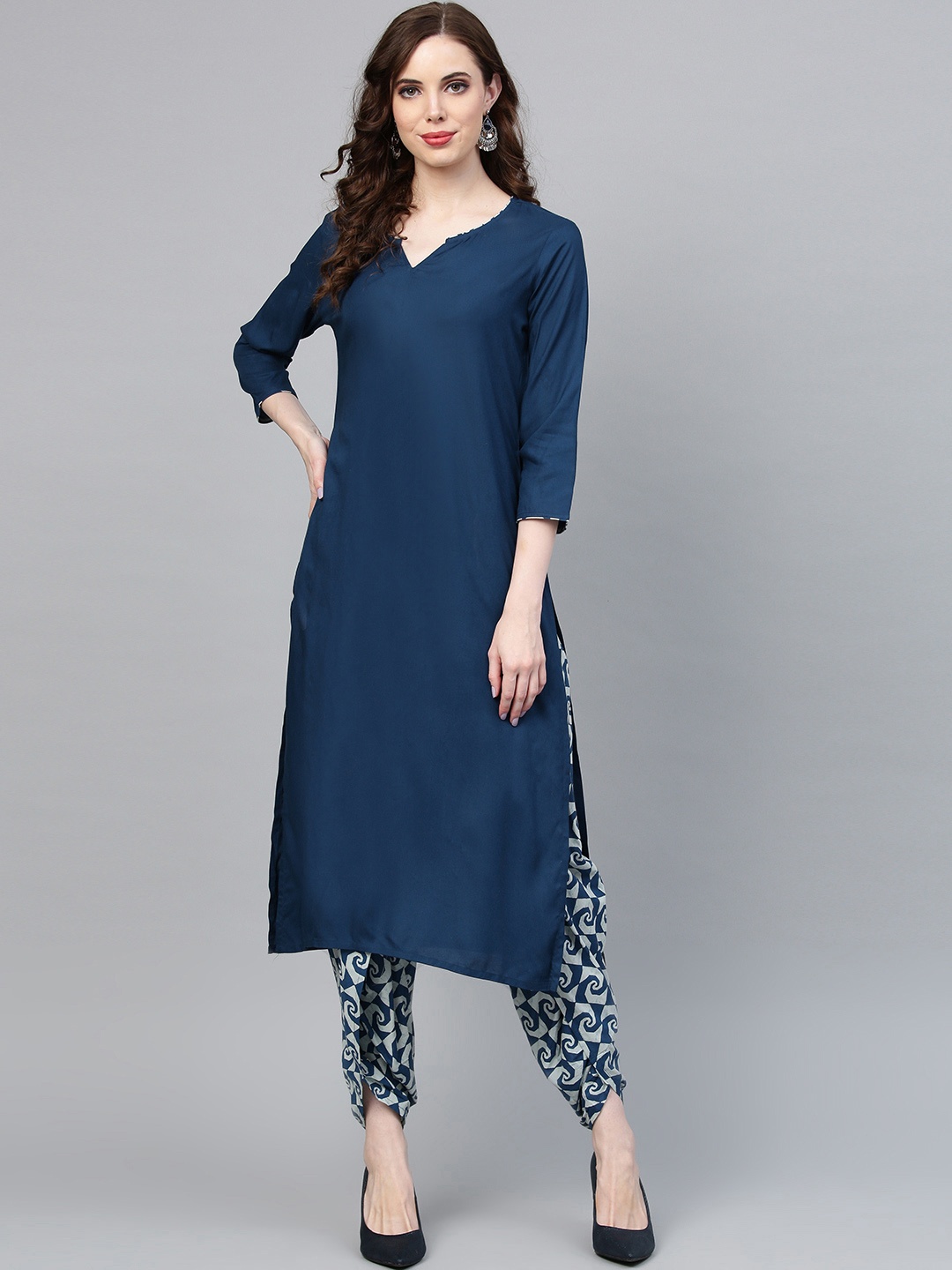 

Indo Era Women Navy Blue & Off-White Solid Kurta with Dhoti Pants