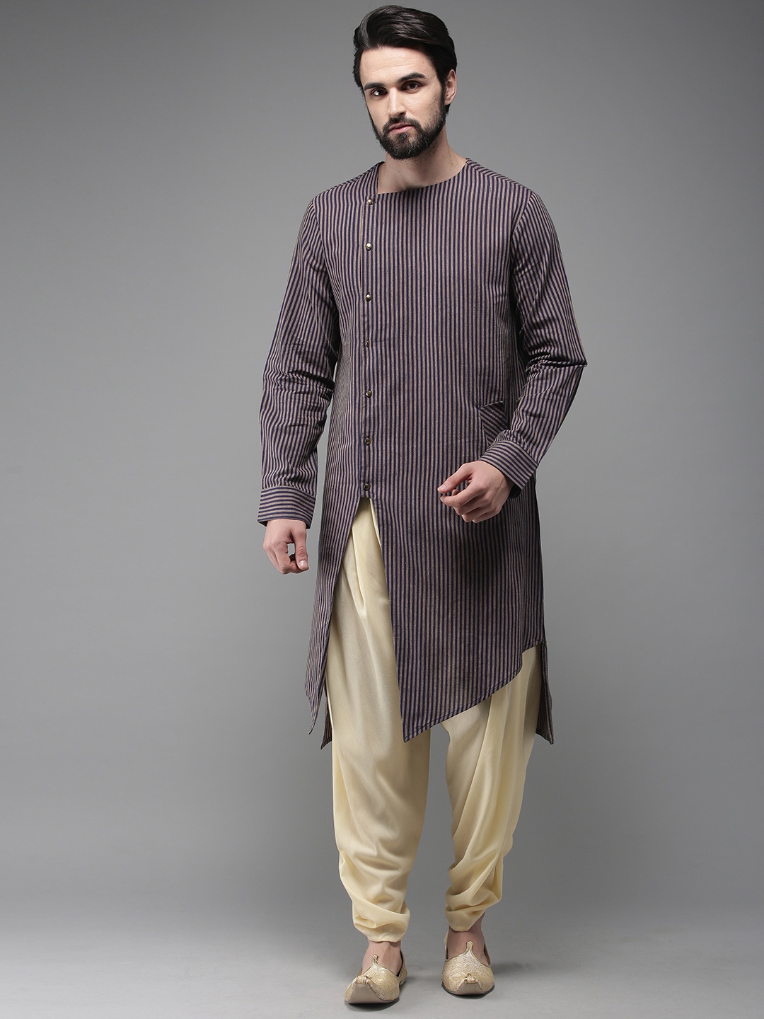 

Anouk Men Brown & Cream-Coloured Striped Kurta with Dhoti Pants