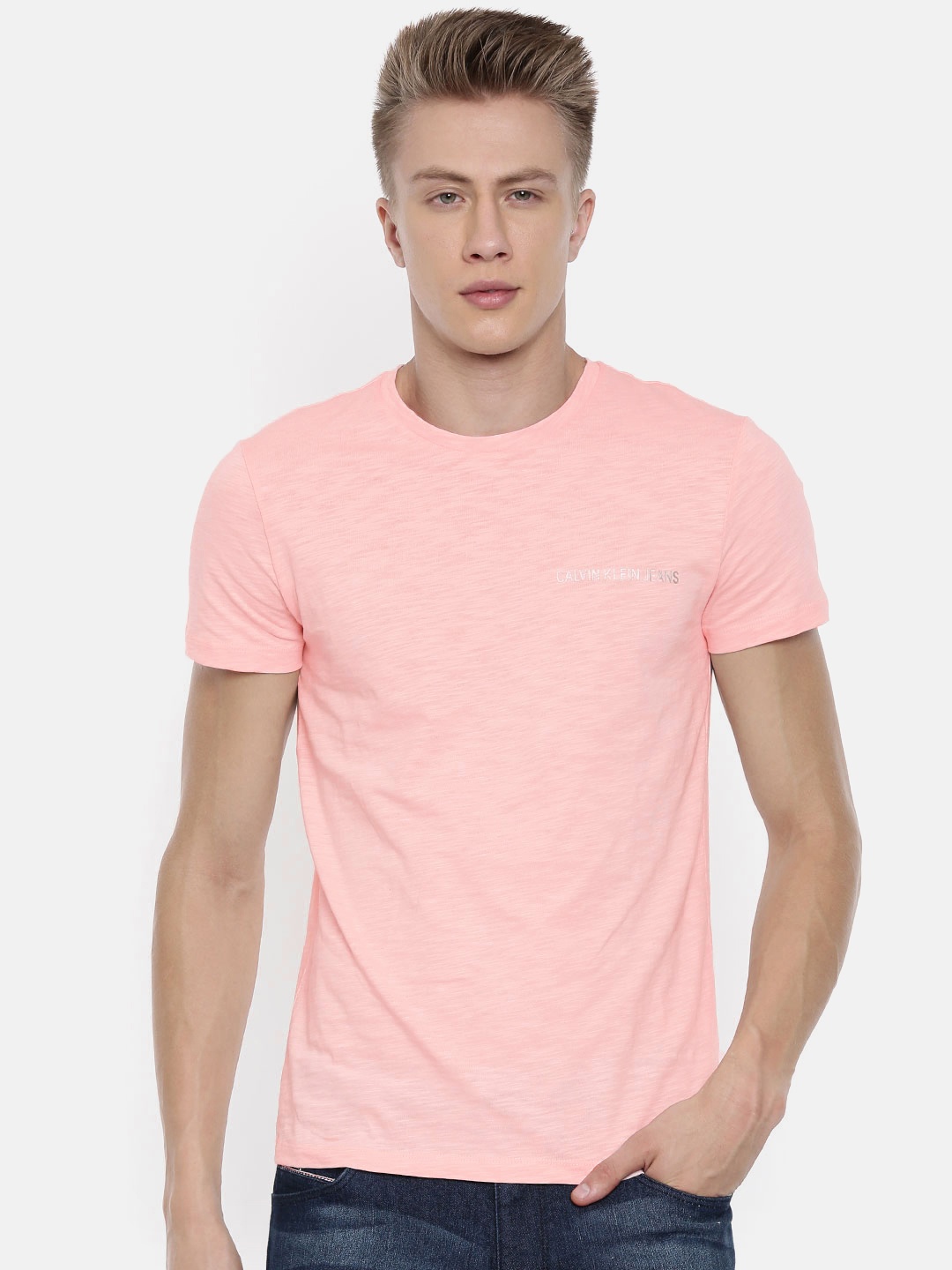

Calvin Klein Jeans Men Pink Solid Round Neck Pure Cotton T-shirt