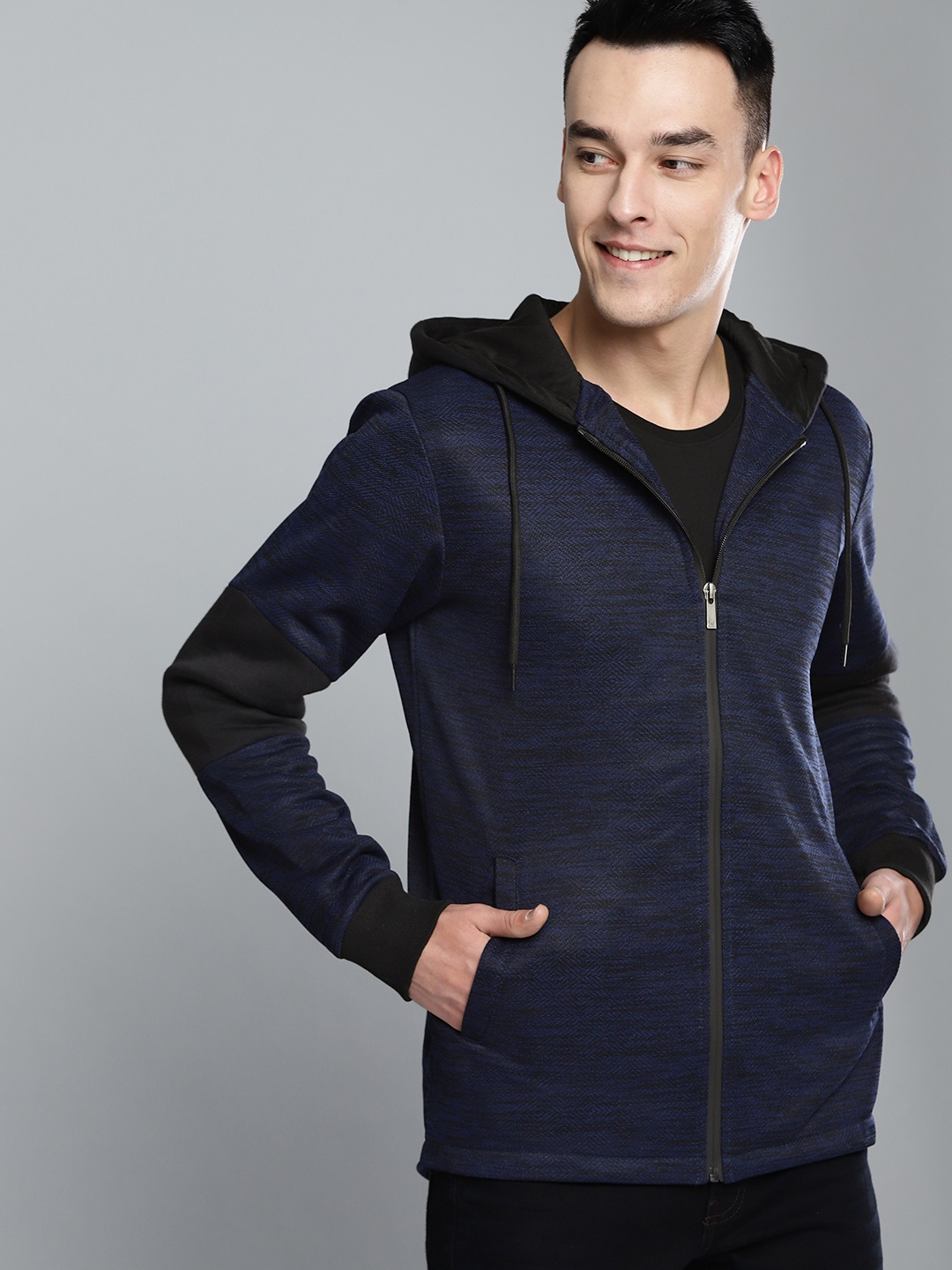 

Mast & Harbour Men Navy Blue & Black Slub Effect Hooded Sweatshirt