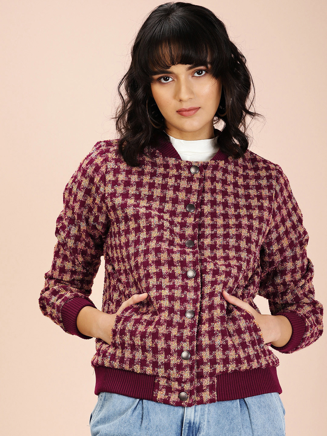 

all about you Women Maroon Checked Vintage Tweed Jacket