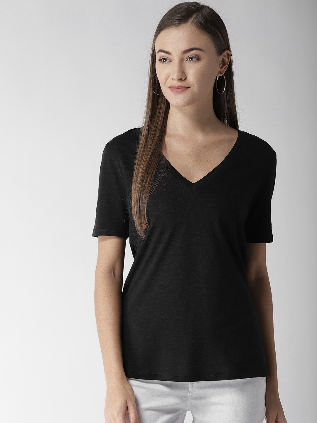 

Marks & Spencer Women Black Solid V-Neck T-shirt
