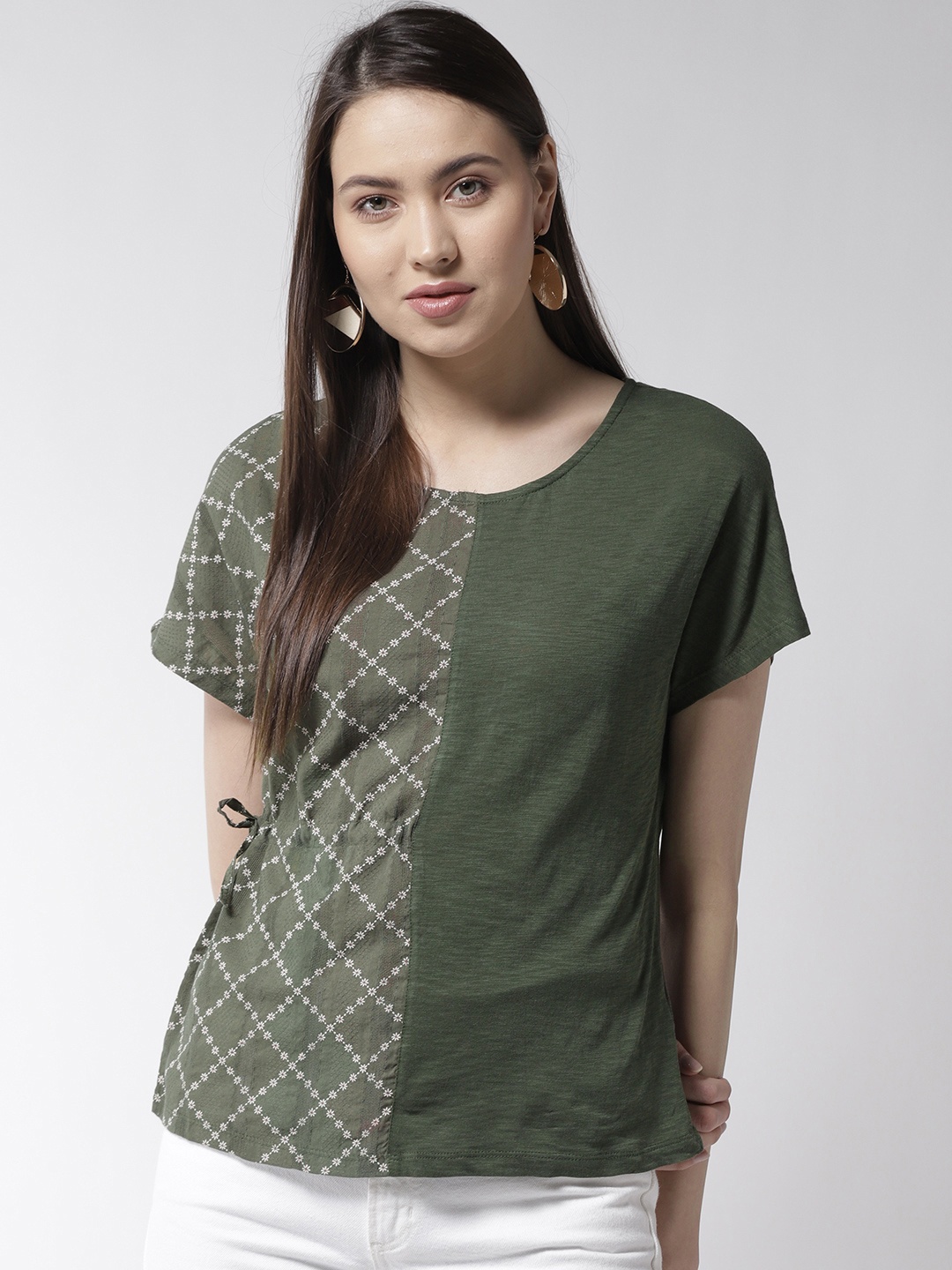 

Marks & Spencer Women Olive Green & White Printed Pure Cotton Top