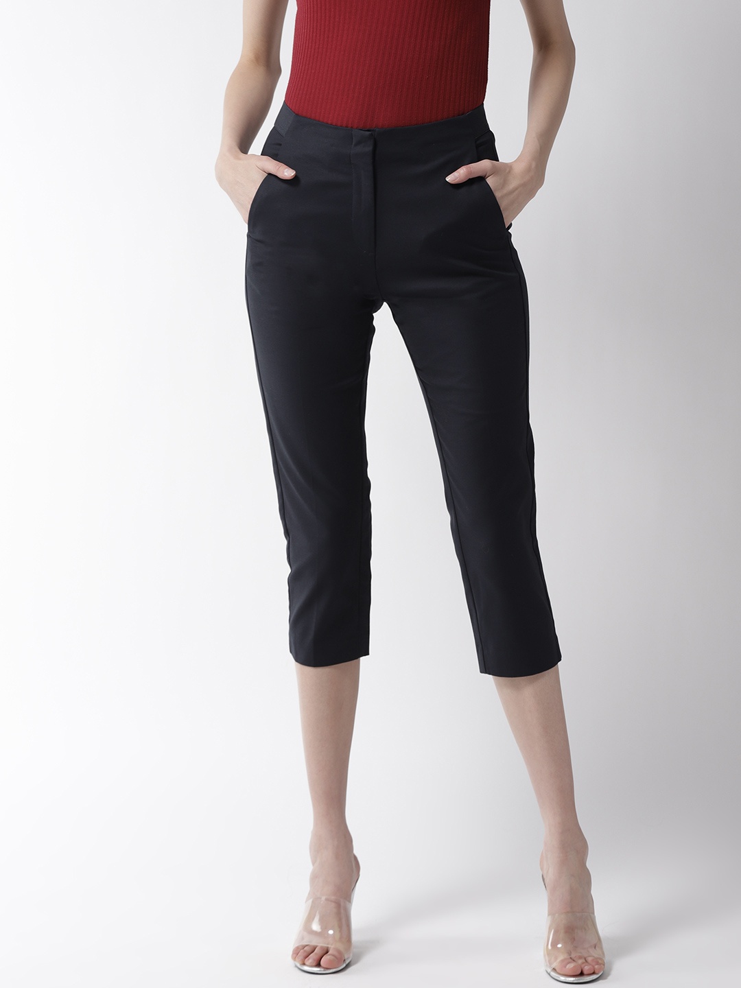 

Marks & Spencer Women Navy Blue Slim Fit Solid Cropped Trousers