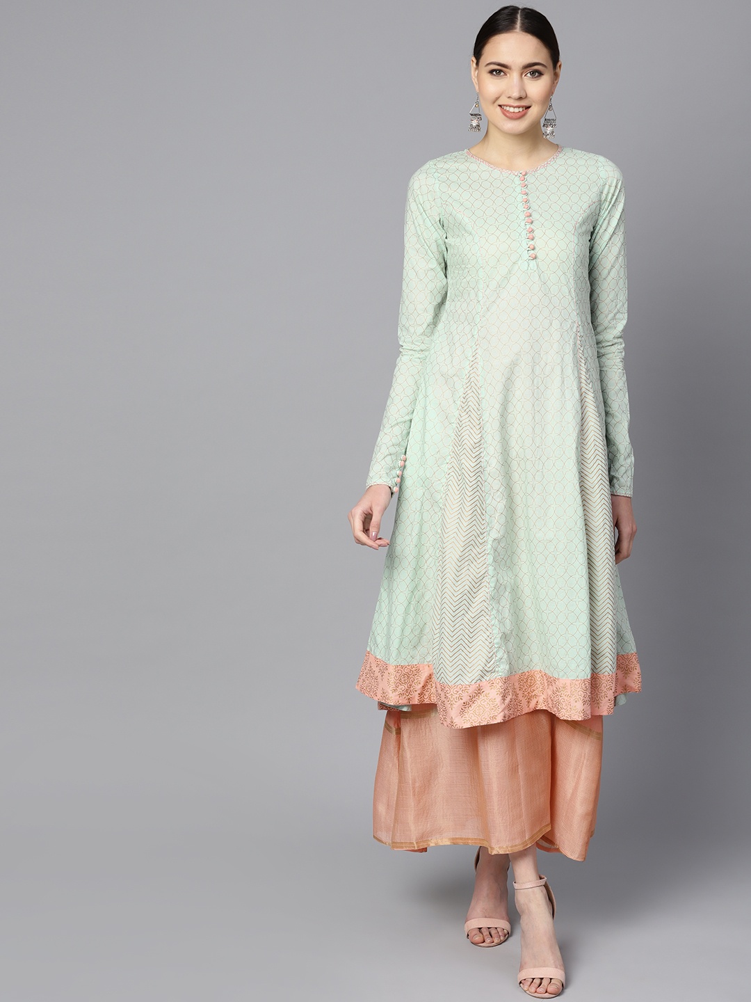 

Indo Era Women Sea Green & Golden Printed Anarkali Kurta