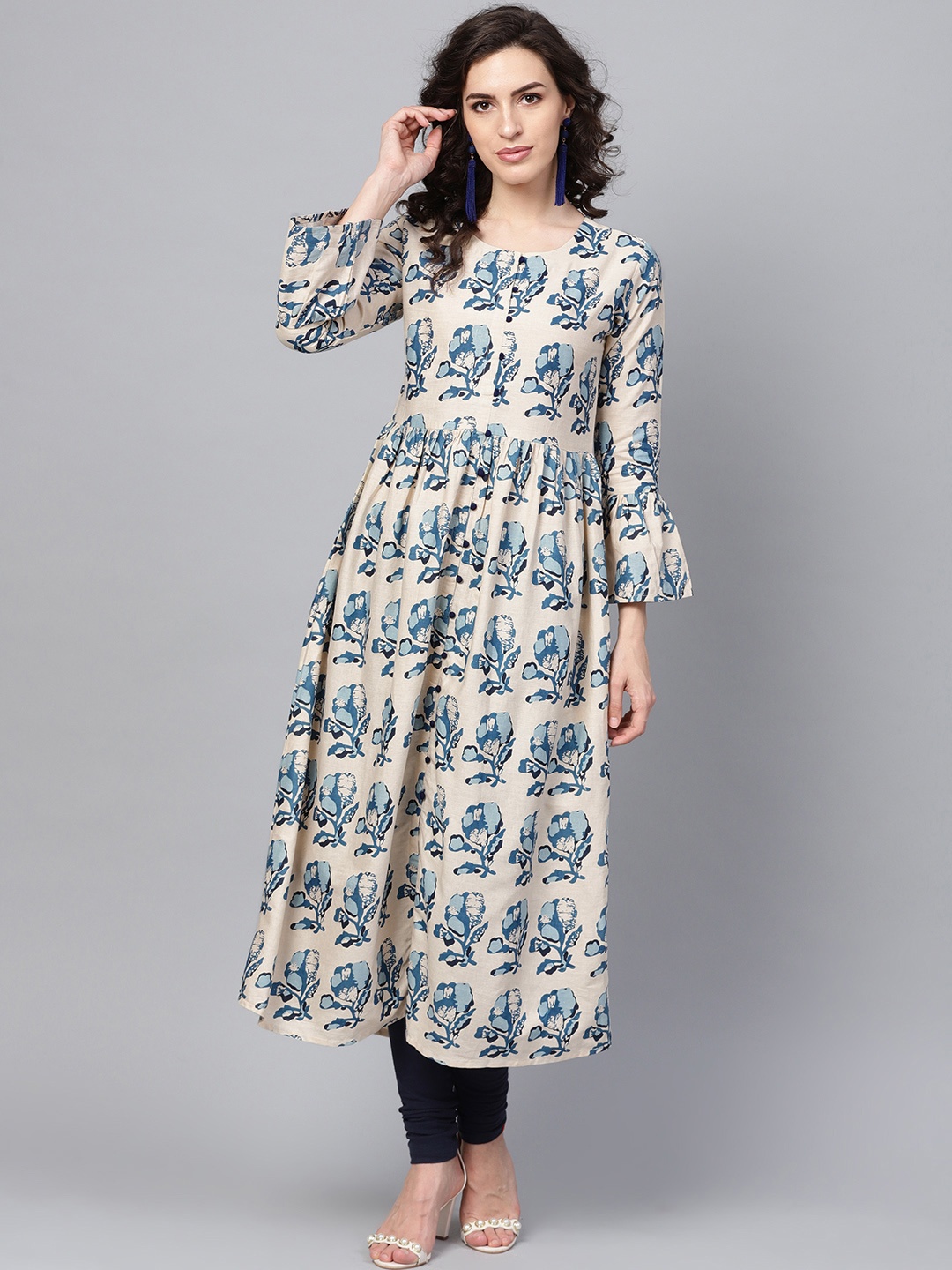 

Indo Era Women Beige & Blue Floral Print A-Line Kurta