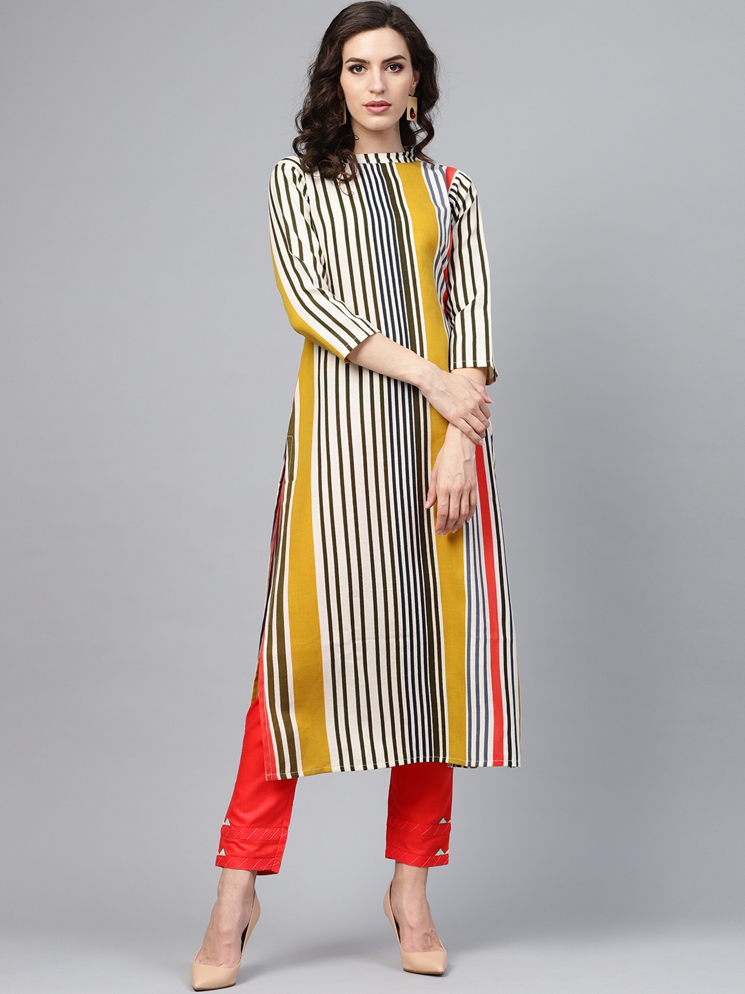 

Indo Era Women Off-White & Olive Green Striped Straight Kurta